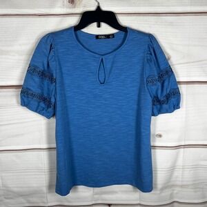 CURE. Keyhole Neck Lace Sleeve Top Womens‎ M Blue Solid Knit Puff Sleeve Blouse